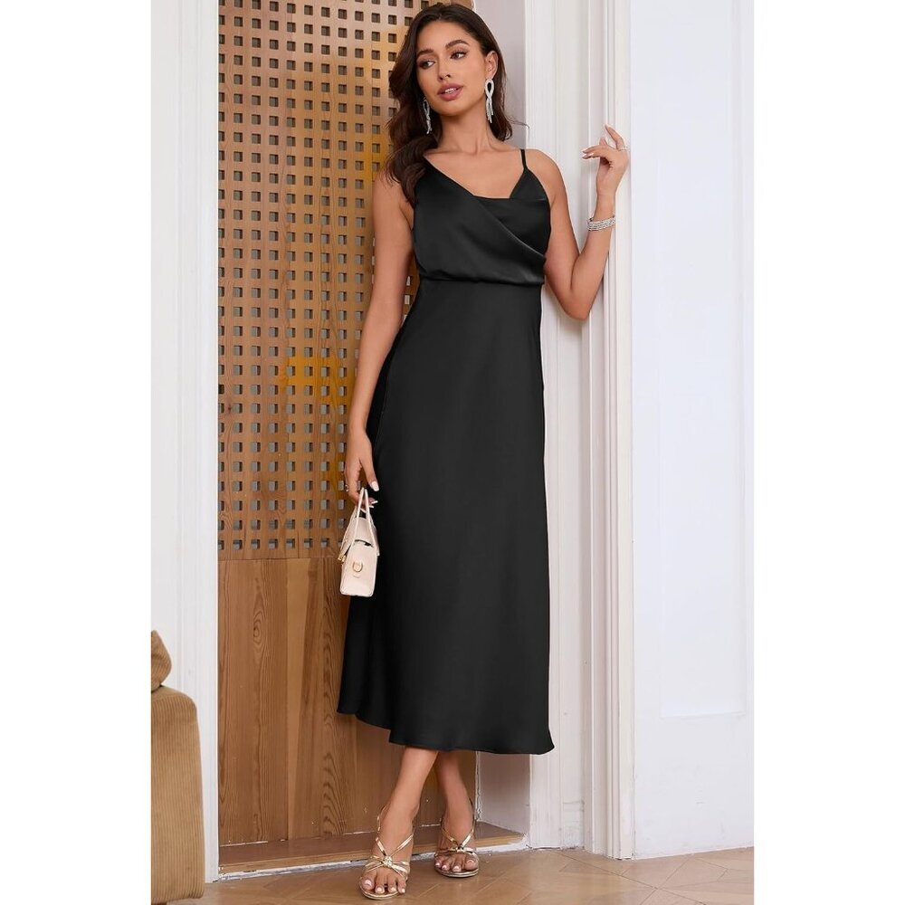 Women's Ab Black Elegant Cowl Neck Adjustable Spaghetti Strap Maxi Dress - Picture 6 of 6